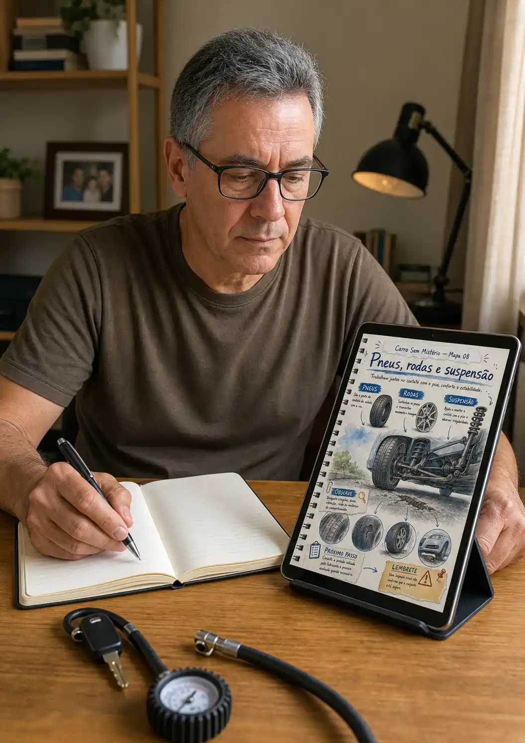 Homem consultando o mapa Pneus, rodas e suspensão em um tablet