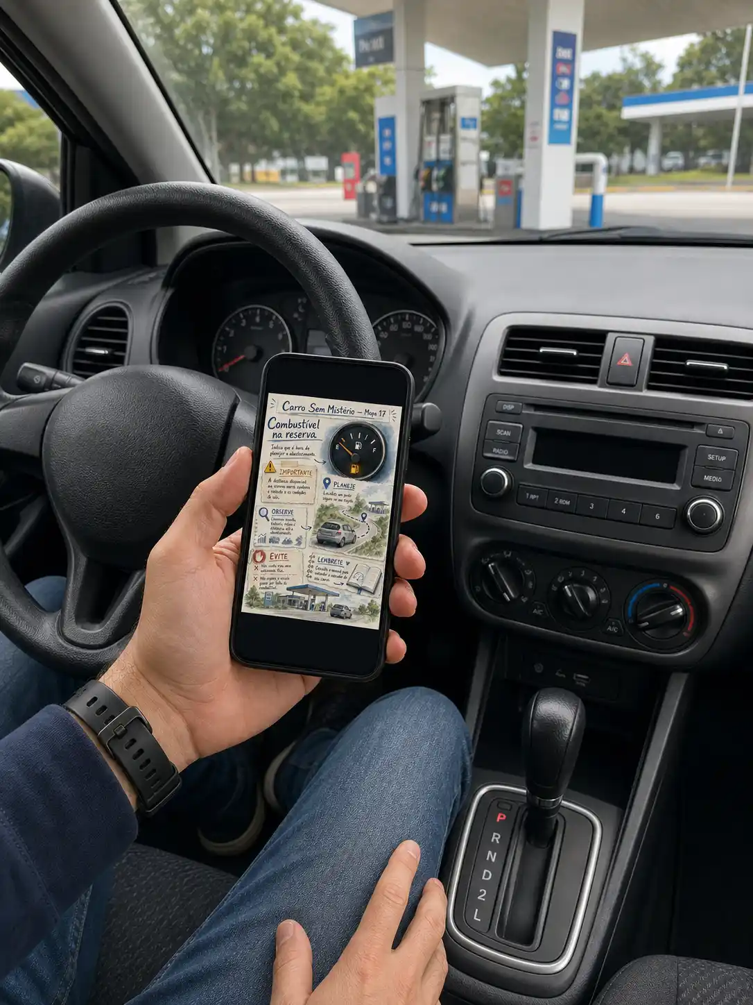 Mapa Combustível na reserva sendo consultado no celular dentro do carro